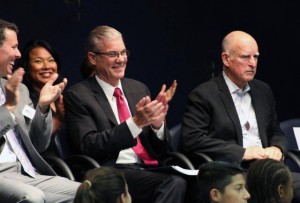 Superintendent of Public Instruction Tom Torlakson, center, and Gov. Jerry Brown attend a ribbon-cutting ceremony for a new fitness center at San Jose’s Katherine Smith Elementary School on Oct. 8. (Alexei Koseff/The Sacramento Bee)