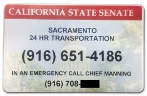 Senate members were given small plastic cards with the number for “Sacramento 24 hr transportation.” Chief Sergeant-at-Arms Debbie Manning's number has been obscured by The Sacramento Bee.